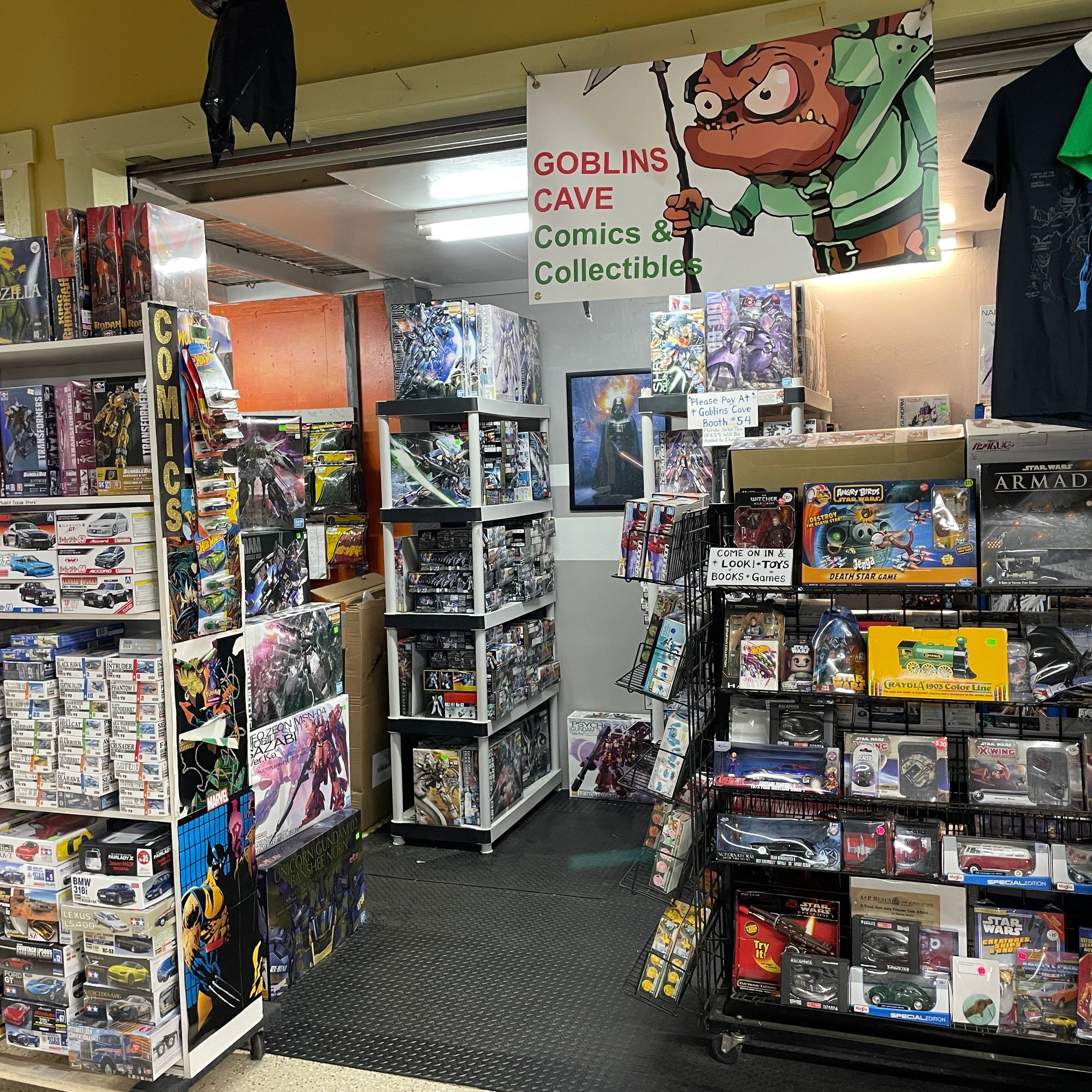 Entrance to Goblins Cave Comics and Collectibles store filled with comic books and collectibles