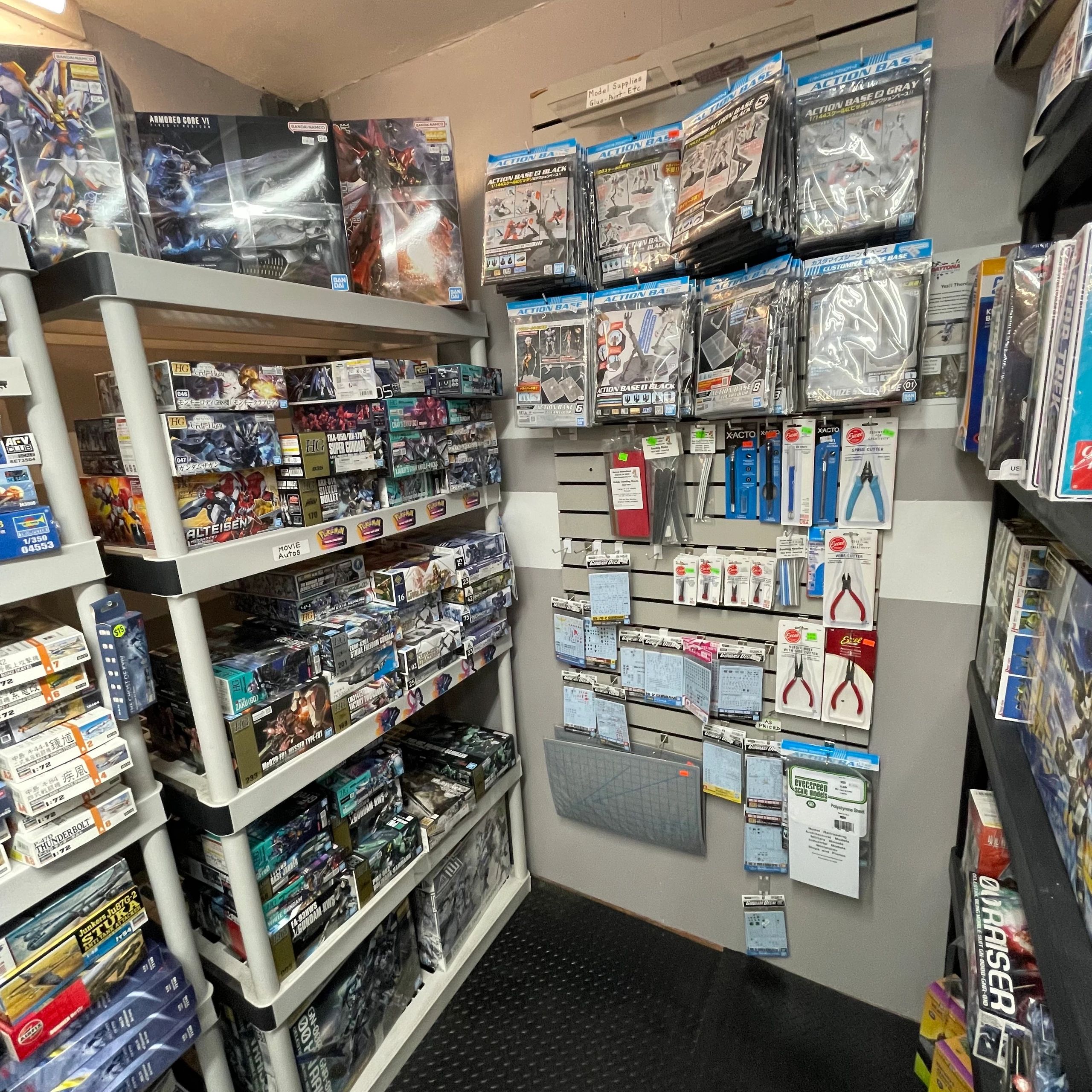 Gundam model kits on display
